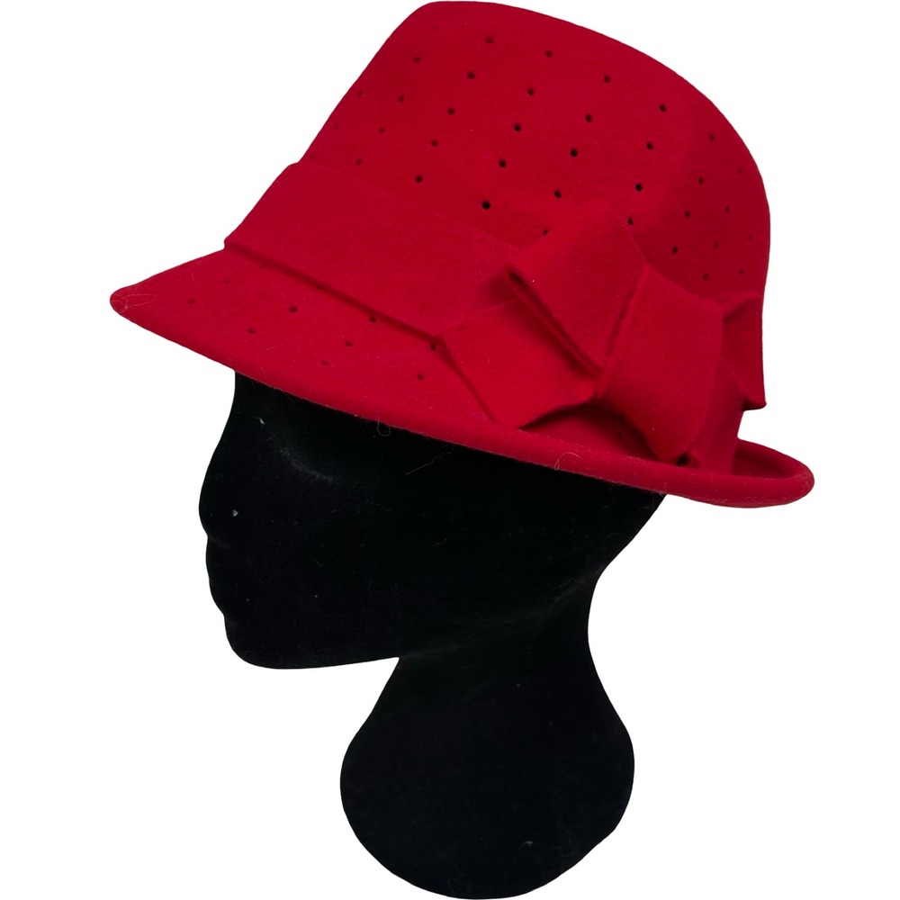 Midnight Velvet Red Wool Fedora Hat Bow Perforated Twee Y2K Romantic Retro
